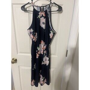 NWT Slig Womens Size XL Navy Blue Floral High Neckline Blouson Midi Dress